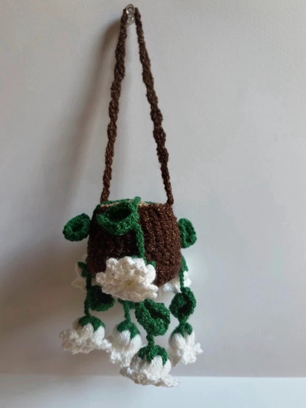 Handmade Brown Crochet Floral with White Flowers and Green Leaves